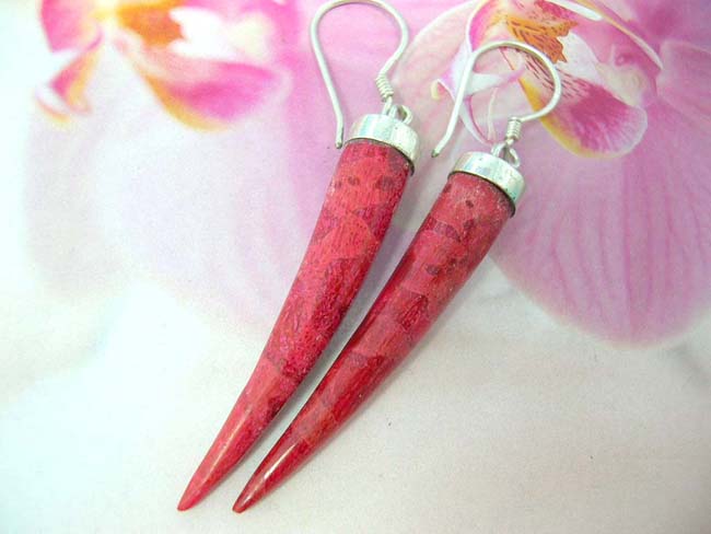 Jewelry collection distributor exports bali Gemstone earrings in coral red elephant tusk design on 925. sterling silver mountings