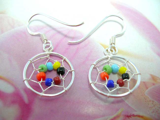 Exotic art wear distributor. Native art designed dream catcher earrings with colorful beads, crafted from 925. sterling silver 