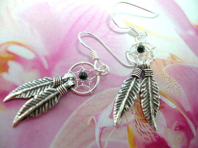 Bali wholesale gallery, Unique native dream catcher inspired, sterling silver earrings with feather motif 