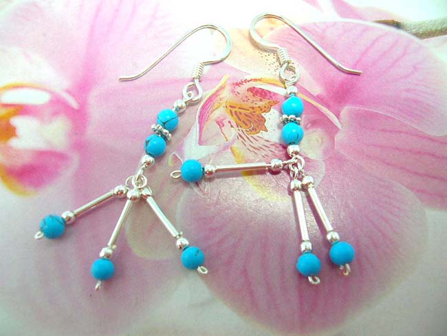 Fashion jewelry exporter, wholesale Handcrafted sterling silver earrings with three pole and turquoise bead design 