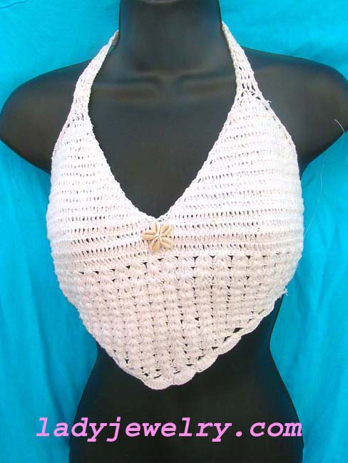 Exotic crochet designed halter top with belly showing V pattern and seashell flower decor. Leisure clothing summer accessory shop 