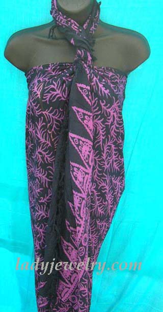Online jewelry and beach wear shopping catalog. Womens fine beach pareo wrap in black with purple fish bone theme 
