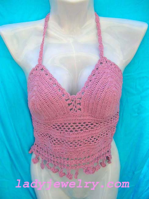 Balinese clothing shopping catalog. Dark pink leisure halter top with fringed hem, handmade thread art 