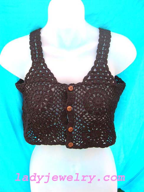 Beauty casual wear handcrafted Stylish, black half top tankini in quality crafted fishnet crochet design with button up front 