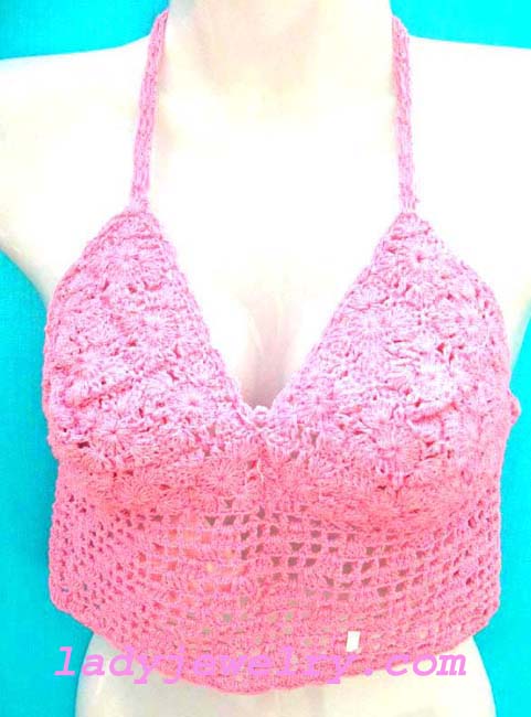 Sexy balinese apparel jewelry supplier. Ladies spring style crochet tankini in light pink crochet knit 