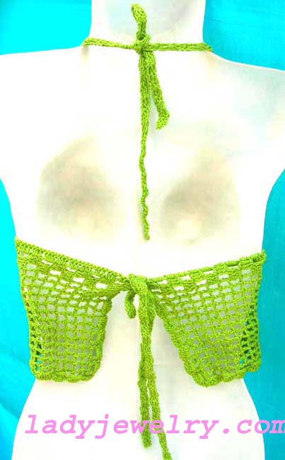 Designer artwear halter top in light green and handcrafted with quality needlework. Summer island clothing supplier 