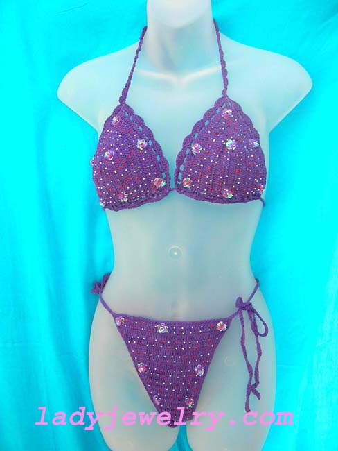 Jewelry supply store, handcrafted exotix fashions. Hot purple balinese bikini in embroidered design with stylish sequin flowers 