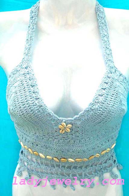 Batik handcrafted cruise apparel designs. Trendy bali embroidered halter top in gray blue with seashell flower crest and shell beads 