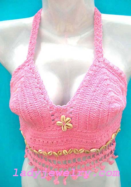 Sexy beach urban apparel . Buy quality Island designed needle work halter top in pink with crafted seashell emblem and shell beads  
