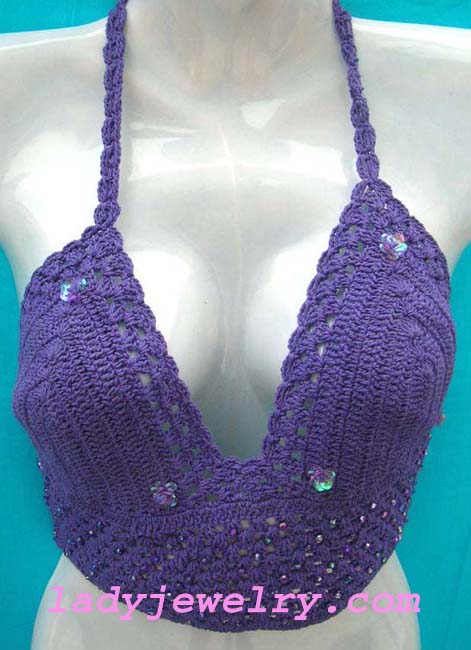 Dark purple tankini top handcrafted in crochet knit and decorated with sequin flowers. Balinese designer crafted gift wear store 