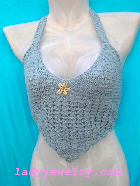 Exotic spring handcrafted casual outlet. V designed waist on gray blue knitted fashion top with seashell flower decor 