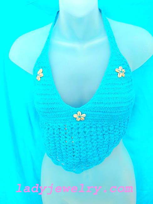 Crochet indonesia beach vacation boutique. Sexy sky blue thread art knitted top with quality seashell crests 