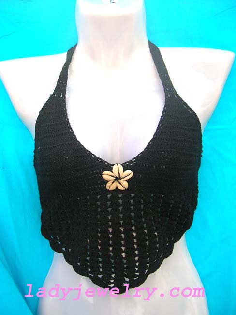 Balinese beachwear fashion shopping catalog. Party wear bali top in embroidered black knit with stylish seashell crest 