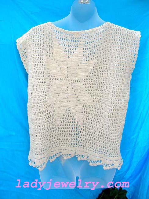 Summer aloha fashion gift store. Ladies high style sleeveless crochet cardigan handcrafted from white thread that ties up at top 