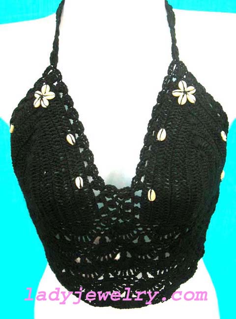 Womens resort wear gift store supplies Black handcrafted embroidery knit half halter top with unique seashell decor 