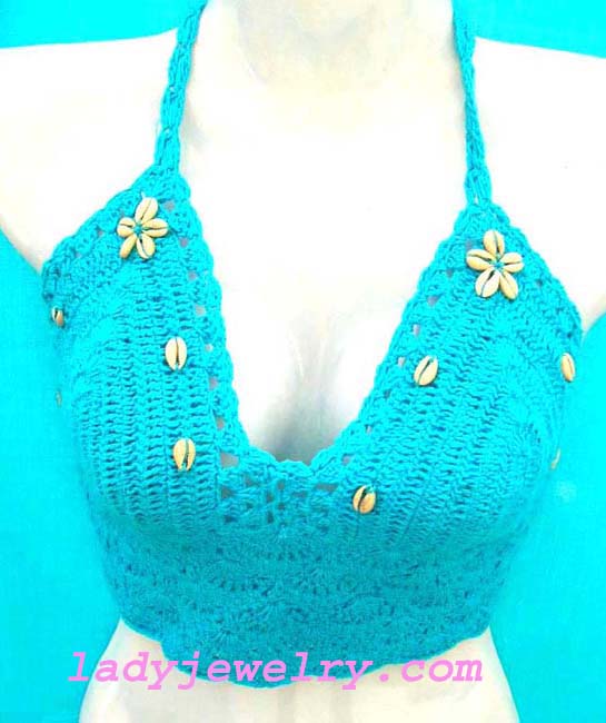 Garment gift outlet sells batik crafted fashions. Tropical bali knit designed tankini top in aqua blue with shell designed beads 