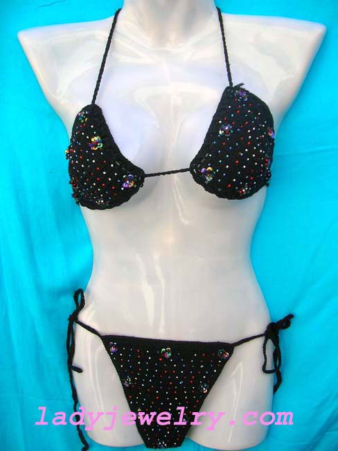 Fashion indonesia crafted embroidery bikini in black with colorful beads and sequin flower design. Ladies tropical wear fine shopping 
