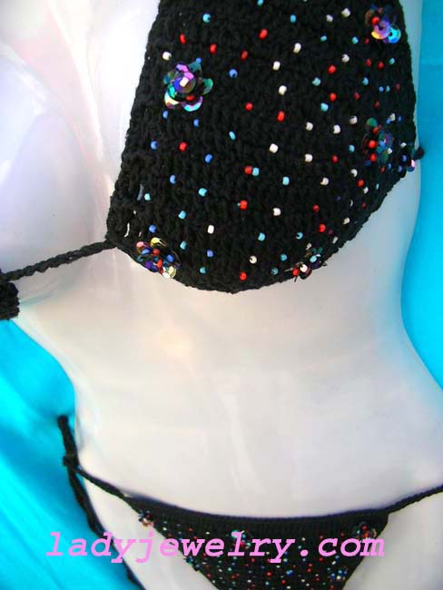 Fashion indonesia crafted embroidery bikini in black with colorful beads and sequin flower design. Ladies tropical wear fine shopping 