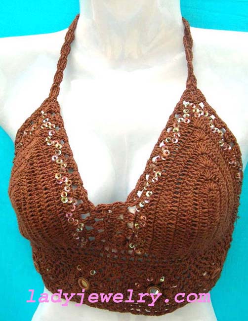 Urban style clothing catalog store. Bali designed crochet halter top in brown with beautiful sequin design around bust and jeweled beads at hem 